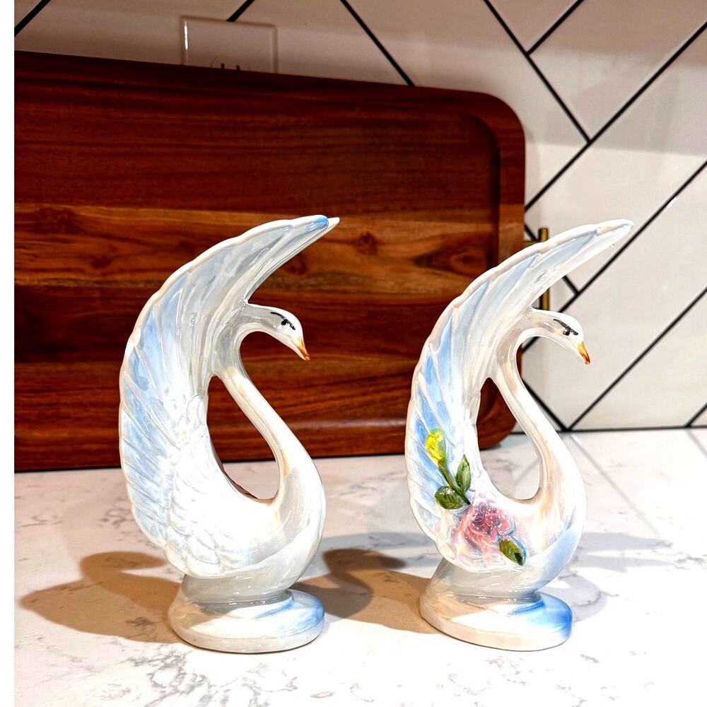 vintage iridescent ceramic swan figurines floral blue highlights mid century 50s